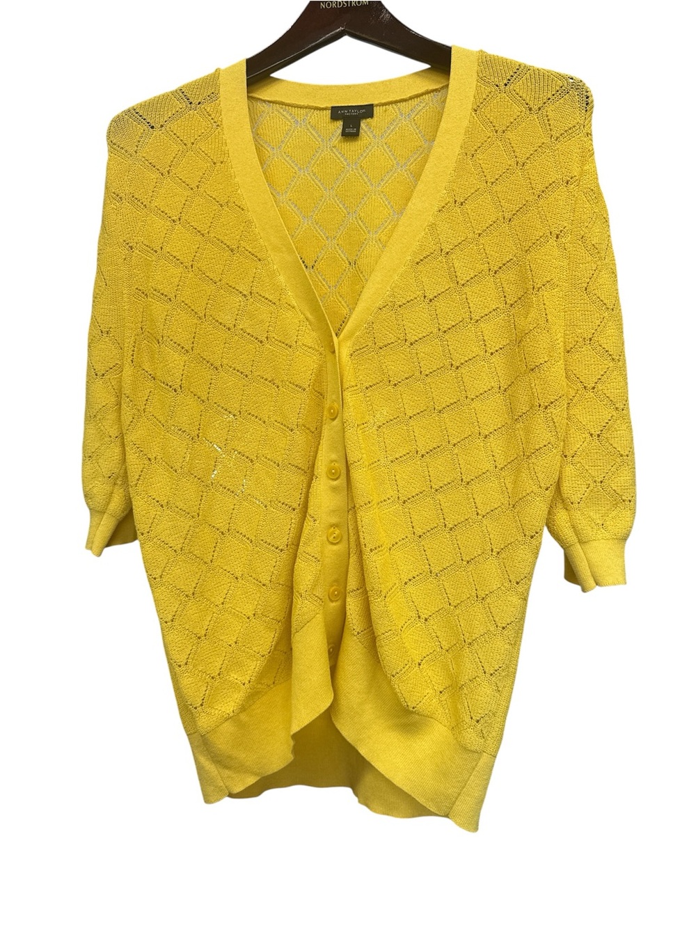 Ann Taylor Yellow Open-Knit Button Cardigan